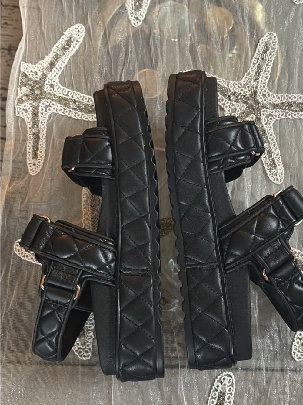 Steve Madden Black Quilted Strap Sandals with Gold Accents - Picture 3 of 5